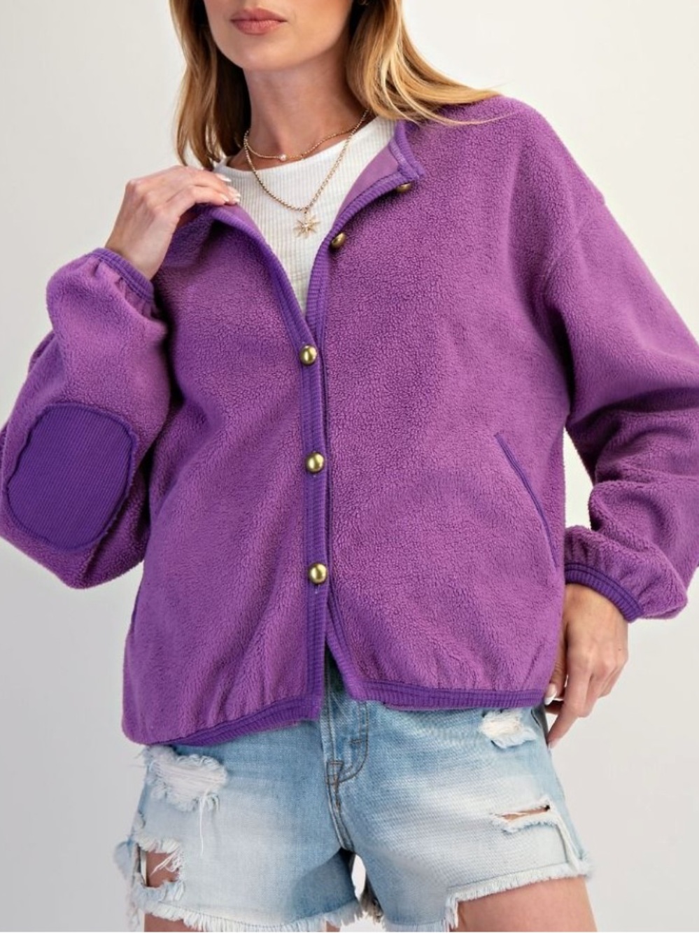 Easel Soft Wash Fleece Jacket Relax Fit Elbow Patches & Pockets in Purple